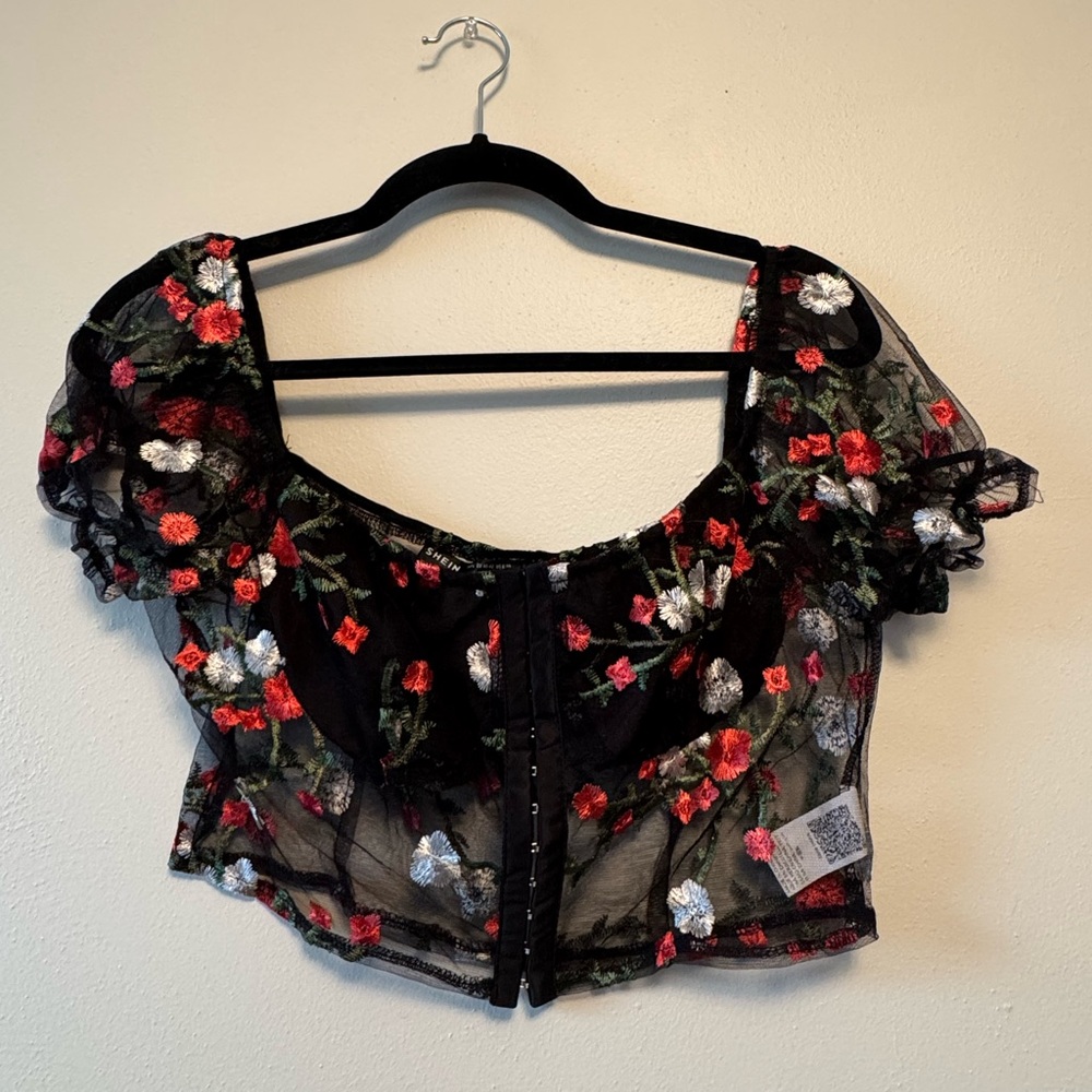 Floral Embroidered Sheer Black Top